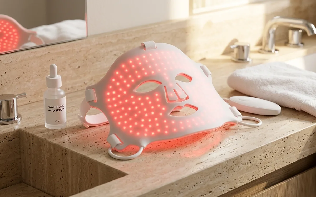 Flexible silicone medical-grade red light therapy mask contoured on treatment vanity for skin rejuvenation
